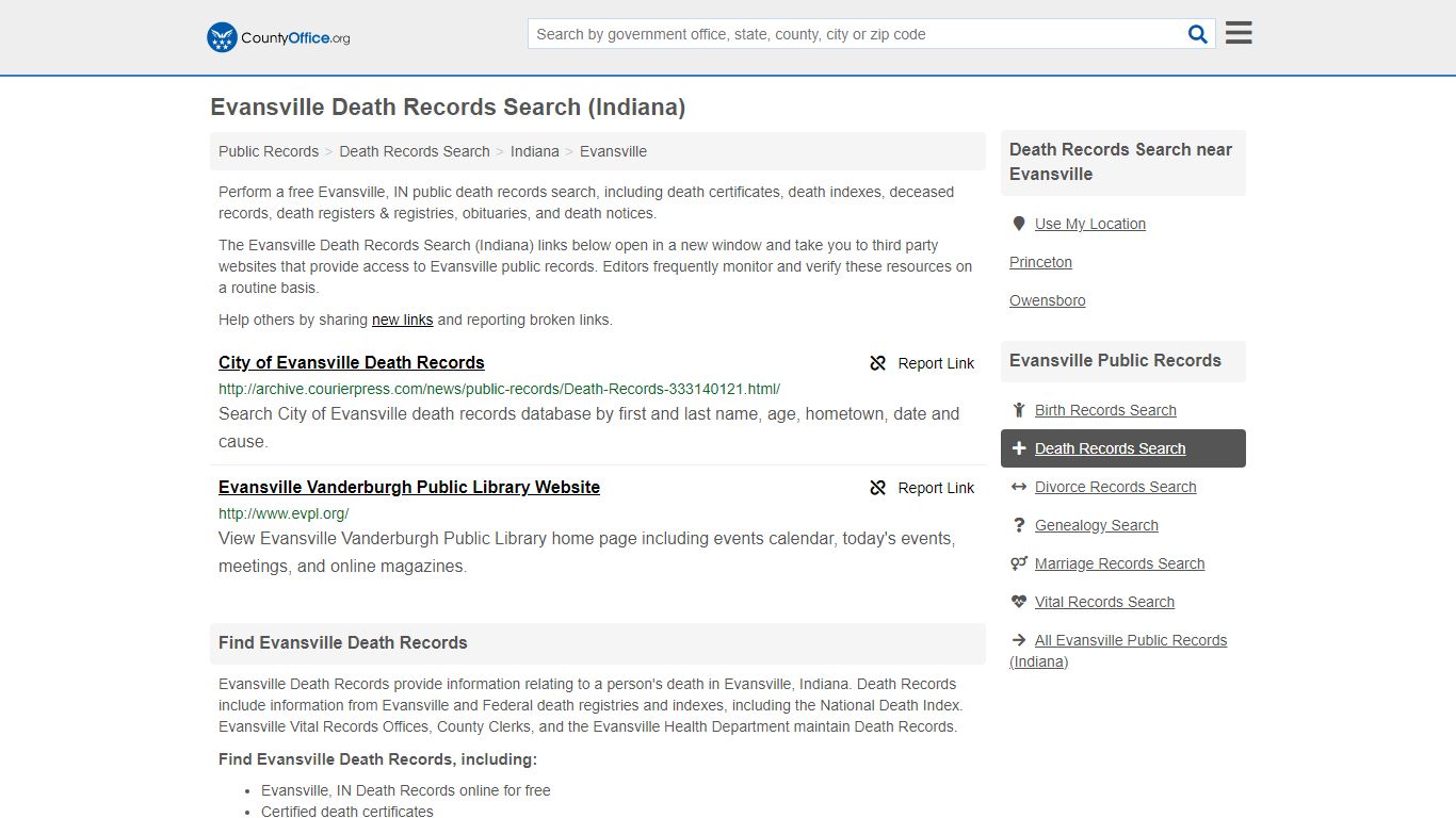 Death Records Search - Evansville, IN (Death Certificates ...